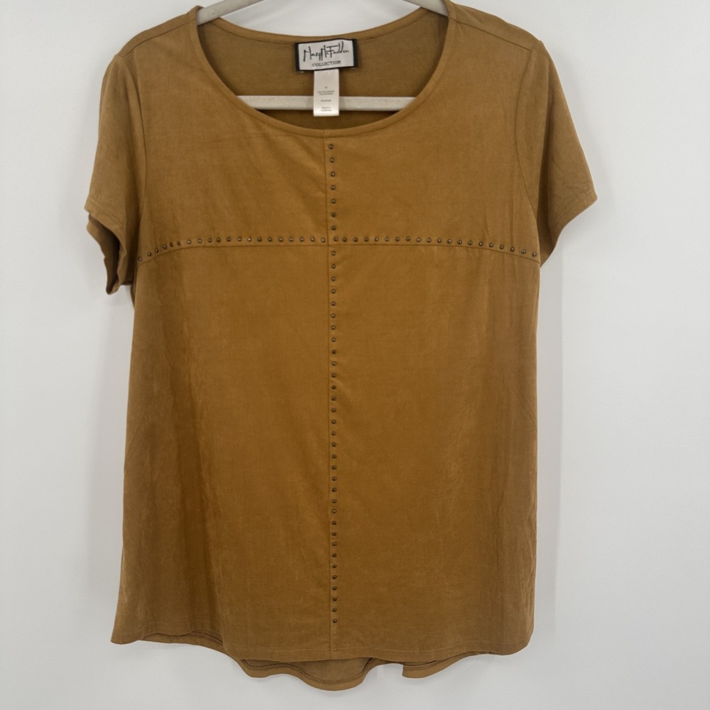 Mary McFadden Collection Shirt‎ Womens Medium Brown Studded Faux Suede Tunic Top